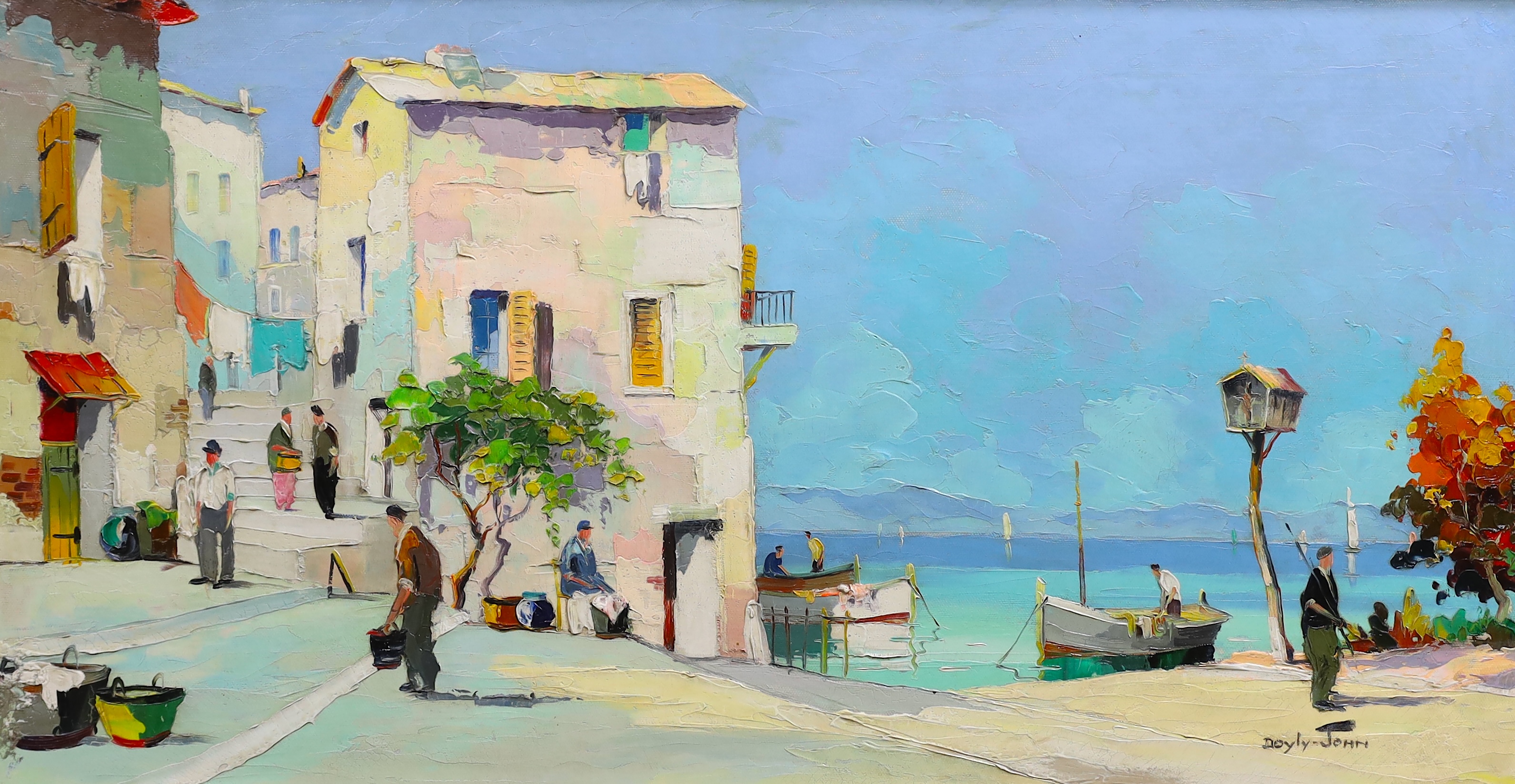 Cecil Rochfort D’Oyly John (English, 1906-1993), ‘Fishermans ... at Village of Cavalaire Near St. Tropez, S of France, oil on canvas, 40 x 76cm